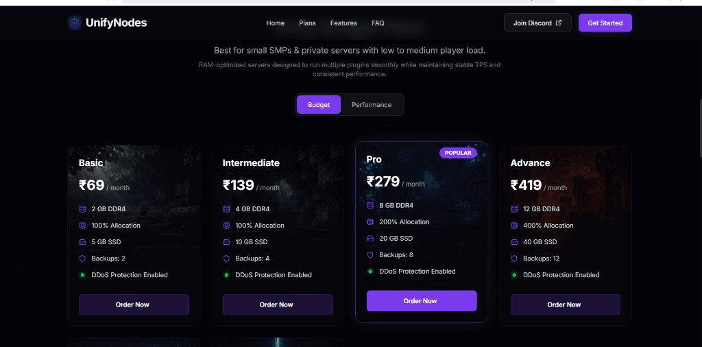 Unify Nodes Minecraft Server Hosting Pricing Tiers